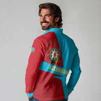 Azerbaijan National Emblem Long Sleeve Polo Shirt with Modern Flag Color Block Design - Wonder Print Shop