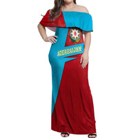 Azerbaijan National Emblem Off Shoulder Maxi Dress with Modern Flag Color Block Design - Wonder Print Shop