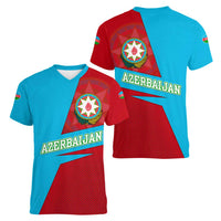 Azerbaijan National Emblem Women V-Neck T-Shirt with Modern Flag Color Block Design - Wonder Print Shop