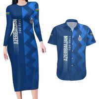 Azerbaijan Football Couples Matching Long Sleeve Bodycon Dress and Hawaiian Shirt with AFFA Emblem in Blue Geometric Design