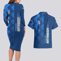 Azerbaijan Football Couples Matching Long Sleeve Bodycon Dress and Hawaiian Shirt with AFFA Emblem in Blue Geometric Design