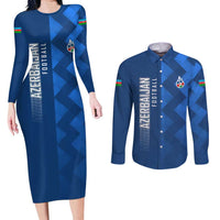 Azerbaijan Football Couples Matching Long Sleeve Bodycon Dress and Long Sleeve Button Shirt with AFFA Emblem in Blue Geometric Design