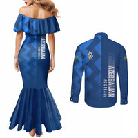 Azerbaijan Football Couples Matching Mermaid Dress and Long Sleeve Button Shirt with AFFA Emblem in Blue Geometric Design