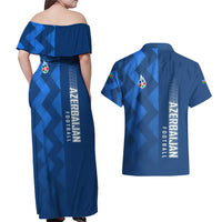 Azerbaijan Football Couples Matching Off Shoulder Maxi Dress and Hawaiian Shirt with AFFA Emblem in Blue Geometric Design