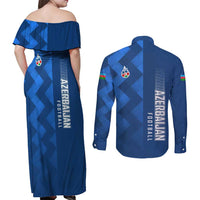 Azerbaijan Football Couples Matching Off Shoulder Maxi Dress and Long Sleeve Button Shirt with AFFA Emblem in Blue Geometric Design