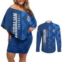 Azerbaijan Football Couples Matching Off Shoulder Short Dress and Long Sleeve Button Shirt with AFFA Emblem in Blue Geometric Design