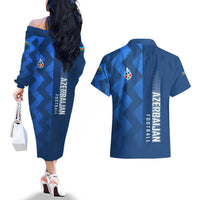 Azerbaijan Football Couples Matching Off The Shoulder Long Sleeve Dress and Hawaiian Shirt with AFFA Emblem in Blue Geometric Design