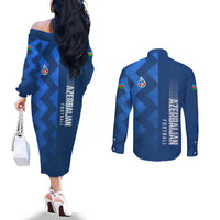 Azerbaijan Football Couples Matching Off The Shoulder Long Sleeve Dress and Long Sleeve Button Shirt with AFFA Emblem in Blue Geometric Design