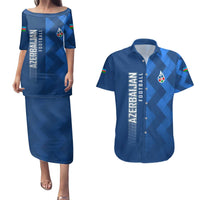 Azerbaijan Football Couples Matching Puletasi and Hawaiian Shirt with AFFA Emblem in Blue Geometric Design
