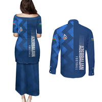 Azerbaijan Football Couples Matching Puletasi and Long Sleeve Button Shirt with AFFA Emblem in Blue Geometric Design