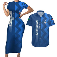 Azerbaijan Football Couples Matching Short Sleeve Bodycon Dress and Hawaiian Shirt with AFFA Emblem in Blue Geometric Design