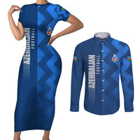 Azerbaijan Football Couples Matching Short Sleeve Bodycon Dress and Long Sleeve Button Shirt with AFFA Emblem in Blue Geometric Design