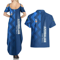 Azerbaijan Football Couples Matching Summer Maxi Dress and Hawaiian Shirt with AFFA Emblem in Blue Geometric Design