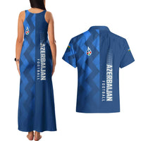 Azerbaijan Football Couples Matching Tank Maxi Dress and Hawaiian Shirt with AFFA Emblem in Blue Geometric Design