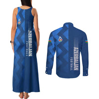 Azerbaijan Football Couples Matching Tank Maxi Dress and Long Sleeve Button Shirt with AFFA Emblem in Blue Geometric Design