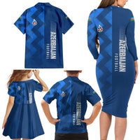 Azerbaijan Football Family Matching Long Sleeve Bodycon Dress and Hawaiian Shirt with AFFA Emblem in Blue Geometric Design