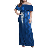 Azerbaijan Football Family Matching Off Shoulder Maxi Dress and Hawaiian Shirt with AFFA Emblem in Blue Geometric Design