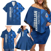 Azerbaijan Football Family Matching Off Shoulder Short Dress and Hawaiian Shirt with AFFA Emblem in Blue Geometric Design