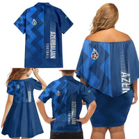 Azerbaijan Football Family Matching Off Shoulder Short Dress and Hawaiian Shirt with AFFA Emblem in Blue Geometric Design