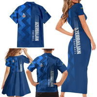 Azerbaijan Football Family Matching Short Sleeve Bodycon Dress and Hawaiian Shirt with AFFA Emblem in Blue Geometric Design