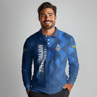 Azerbaijan Football Long Sleeve Polo Shirt with AFFA Emblem in Blue Geometric Design