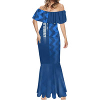 Azerbaijan Football Mermaid Dress with AFFA Emblem in Blue Geometric Design