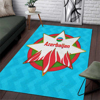 Azerbaijan National Emblem Area Rug with Star and Flame Design in Sky Blue