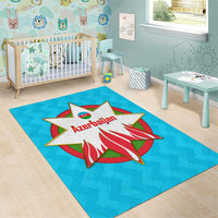 Azerbaijan National Emblem Area Rug with Star and Flame Design in Sky Blue