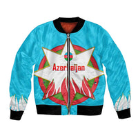 Azerbaijan National Emblem Bomber Jacket with Star and Flame Design in Sky Blue