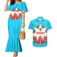 Azerbaijan National Emblem Couples Matching Mermaid Dress and Hawaiian Shirt with Star and Flame Design in Sky Blue