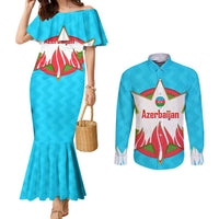 Azerbaijan National Emblem Couples Matching Mermaid Dress and Long Sleeve Button Shirt with Star and Flame Design in Sky Blue