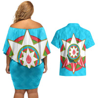 Azerbaijan National Emblem Couples Matching Off Shoulder Short Dress and Hawaiian Shirt with Star and Flame Design in Sky Blue