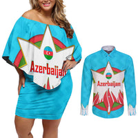 Azerbaijan National Emblem Couples Matching Off Shoulder Short Dress and Long Sleeve Button Shirt with Star and Flame Design in Sky Blue