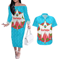 Azerbaijan National Emblem Couples Matching Off The Shoulder Long Sleeve Dress and Hawaiian Shirt with Star and Flame Design in Sky Blue