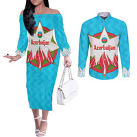 Azerbaijan National Emblem Couples Matching Off The Shoulder Long Sleeve Dress and Long Sleeve Button Shirt with Star and Flame Design in Sky Blue