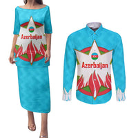 Azerbaijan National Emblem Couples Matching Puletasi and Long Sleeve Button Shirt with Star and Flame Design in Sky Blue