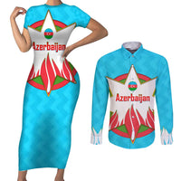 Azerbaijan National Emblem Couples Matching Short Sleeve Bodycon Dress and Long Sleeve Button Shirt with Star and Flame Design in Sky Blue