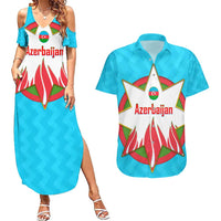 Azerbaijan National Emblem Couples Matching Summer Maxi Dress and Hawaiian Shirt with Star and Flame Design in Sky Blue