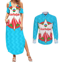 Azerbaijan National Emblem Couples Matching Summer Maxi Dress and Long Sleeve Button Shirt with Star and Flame Design in Sky Blue
