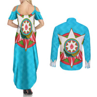 Azerbaijan National Emblem Couples Matching Summer Maxi Dress and Long Sleeve Button Shirt with Star and Flame Design in Sky Blue