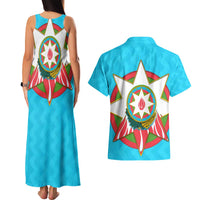 Azerbaijan National Emblem Couples Matching Tank Maxi Dress and Hawaiian Shirt with Star and Flame Design in Sky Blue