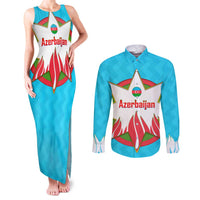 Azerbaijan National Emblem Couples Matching Tank Maxi Dress and Long Sleeve Button Shirt with Star and Flame Design in Sky Blue