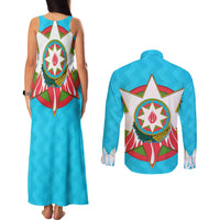 Azerbaijan National Emblem Couples Matching Tank Maxi Dress and Long Sleeve Button Shirt with Star and Flame Design in Sky Blue