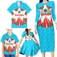 Azerbaijan National Emblem Family Matching Long Sleeve Bodycon Dress and Hawaiian Shirt with Star and Flame Design in Sky Blue