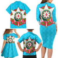 Azerbaijan National Emblem Family Matching Long Sleeve Bodycon Dress and Hawaiian Shirt with Star and Flame Design in Sky Blue
