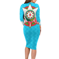 Azerbaijan National Emblem Family Matching Long Sleeve Bodycon Dress and Hawaiian Shirt with Star and Flame Design in Sky Blue