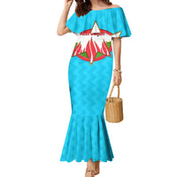 Azerbaijan National Emblem Family Matching Mermaid Dress and Hawaiian Shirt with Star and Flame Design in Sky Blue
