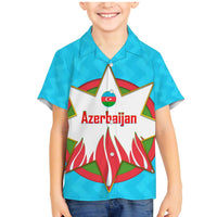 Azerbaijan National Emblem Family Matching Mermaid Dress and Hawaiian Shirt with Star and Flame Design in Sky Blue