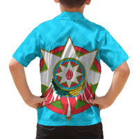 Azerbaijan National Emblem Family Matching Off The Shoulder Long Sleeve Dress and Hawaiian Shirt with Star and Flame Design in Sky Blue
