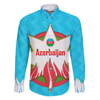 Azerbaijan National Emblem Family Matching Off The Shoulder Long Sleeve Dress and Hawaiian Shirt with Star and Flame Design in Sky Blue